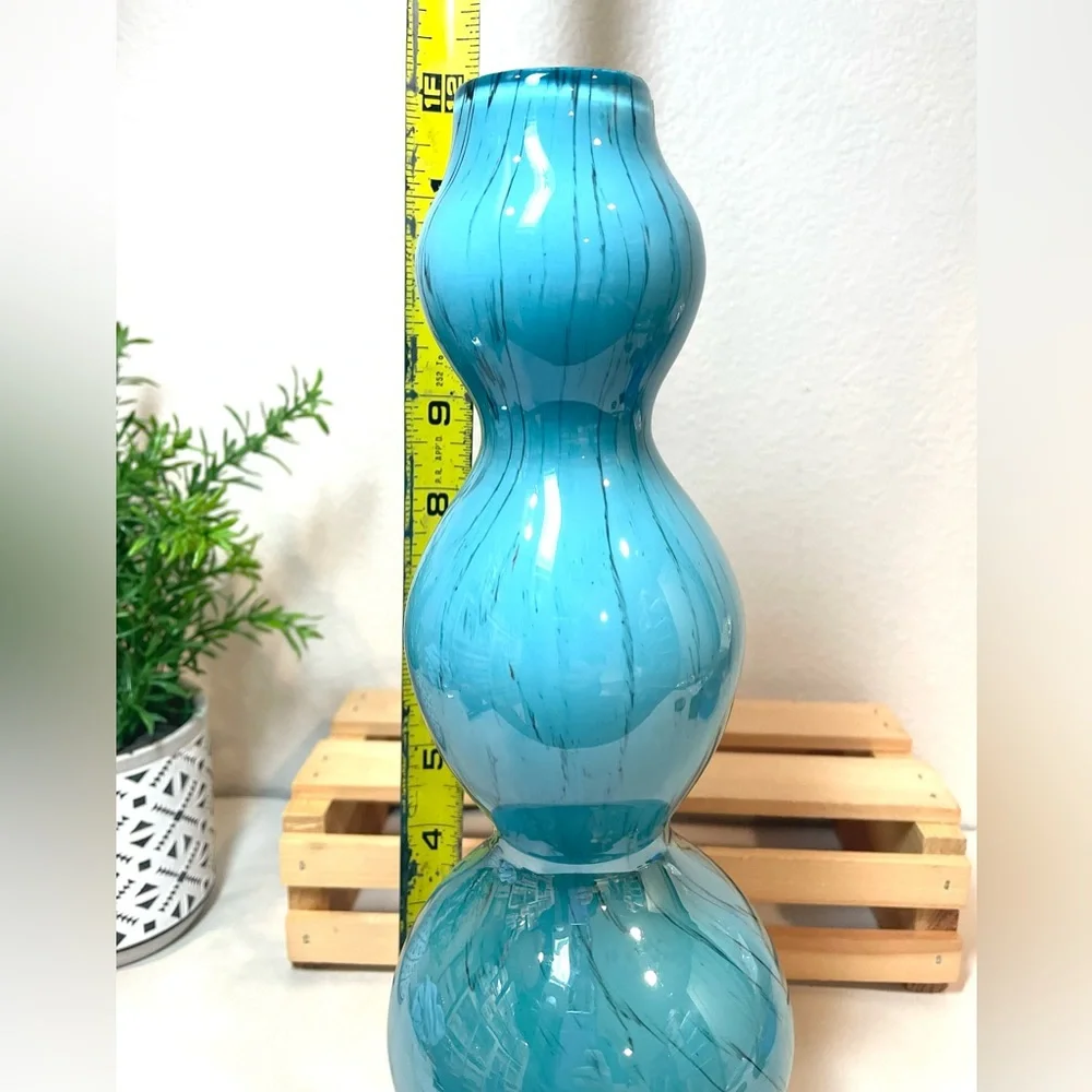 Vintage Pier 1 Turquoise Blue w Black Etch Art Glass Triple Gourd Vase | EUC